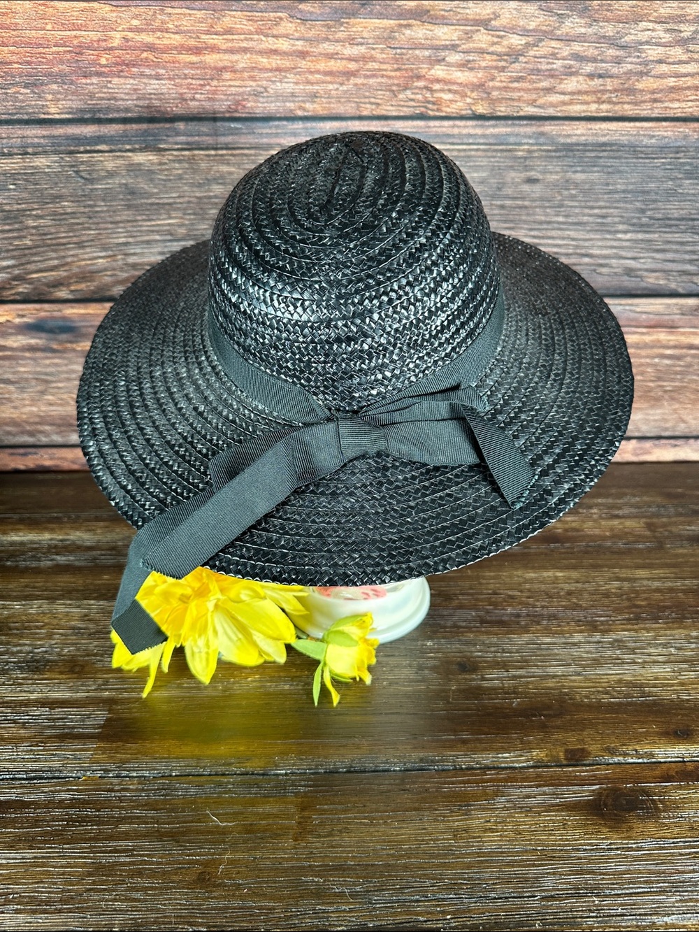 Jennifer Moore Black Straw Sun Hat with Ribbon Bow